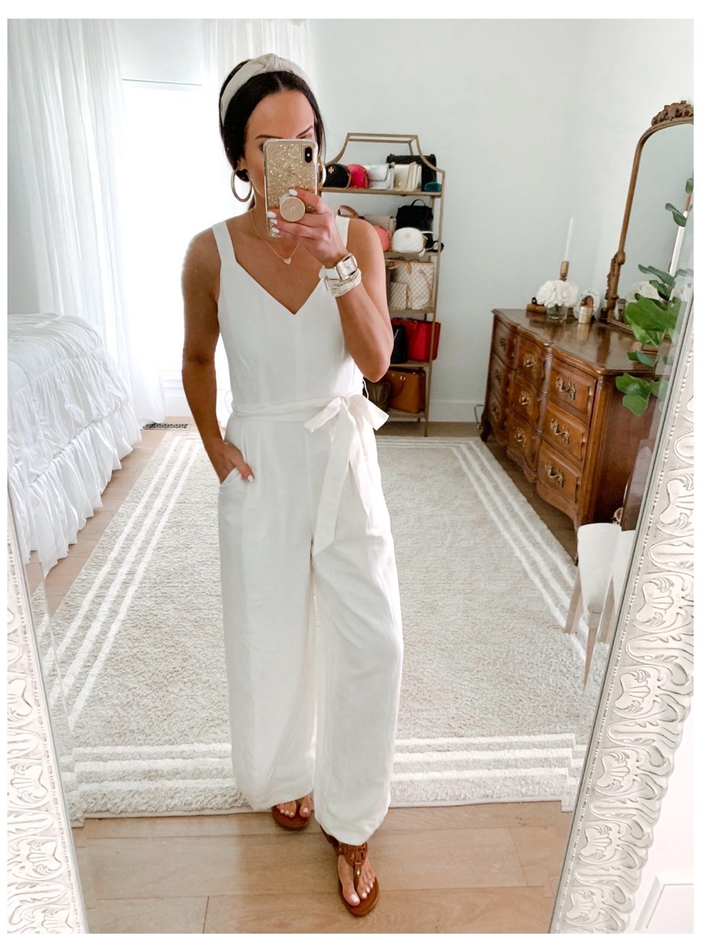 Loft Women’s Cream V-Neck Wide-Leg Jumpsuit with Tie Waist size 00p